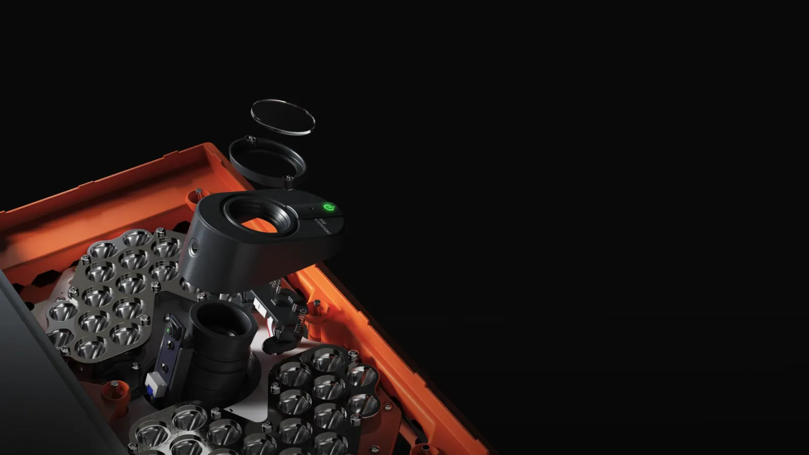 Exploded view of the TrackMan iO optics and radar assembly